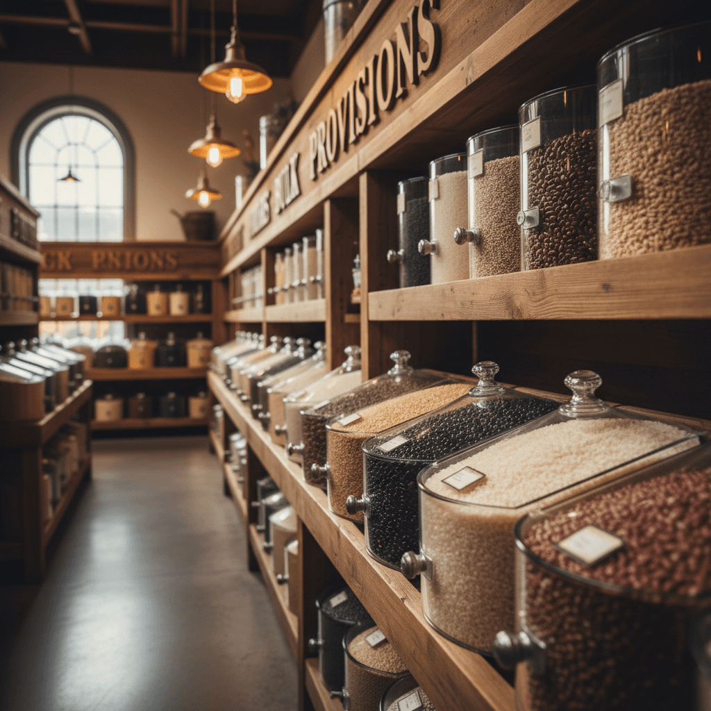 Bulk dry goods aisle with bins of rice and beans in wholesale warehouse, Newark