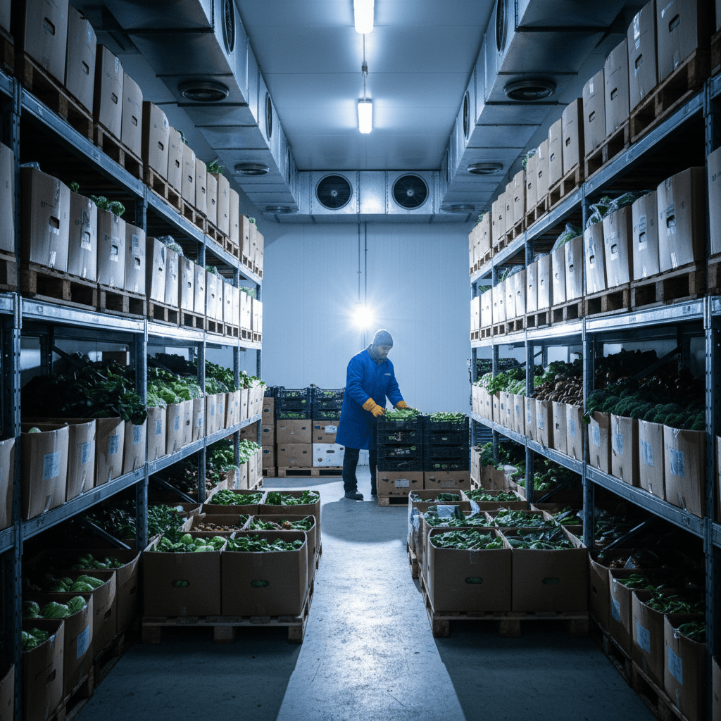 Inside a cold storage warehouse with stacked produce