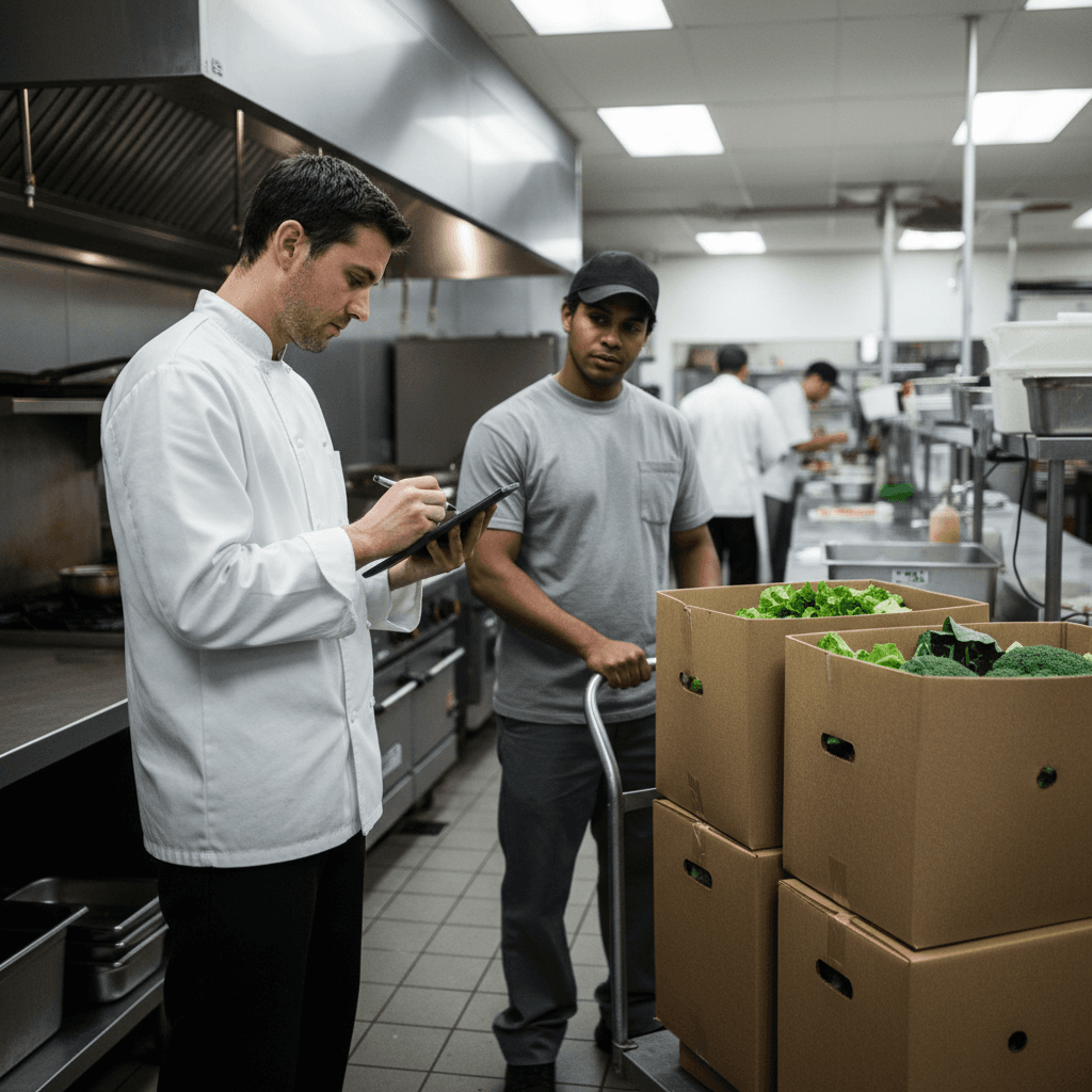 Restaurant kitchen receiving a wholesale delivery