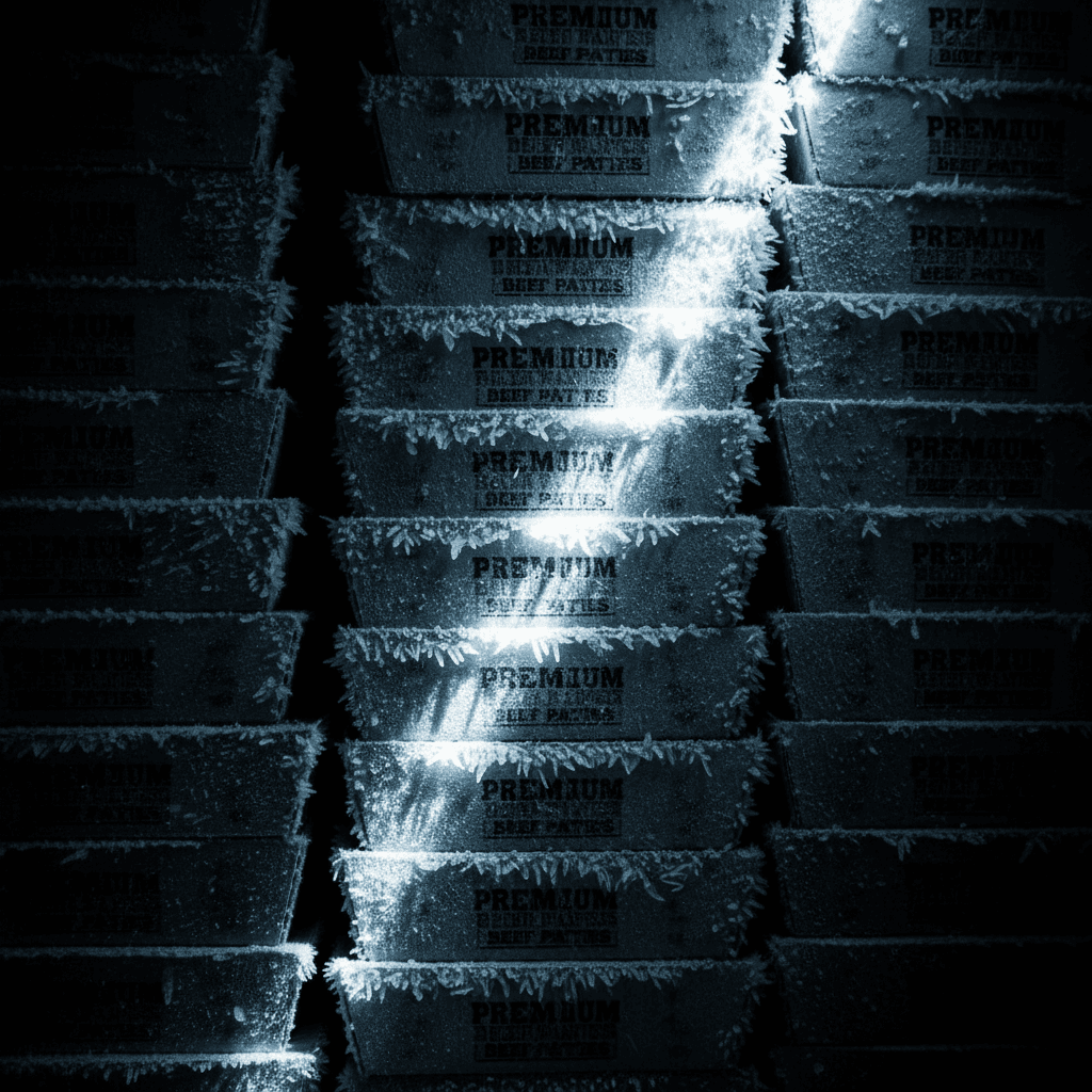 Close-up of frozen beef patty boxes with frost in commercial freezer storage, Newark
