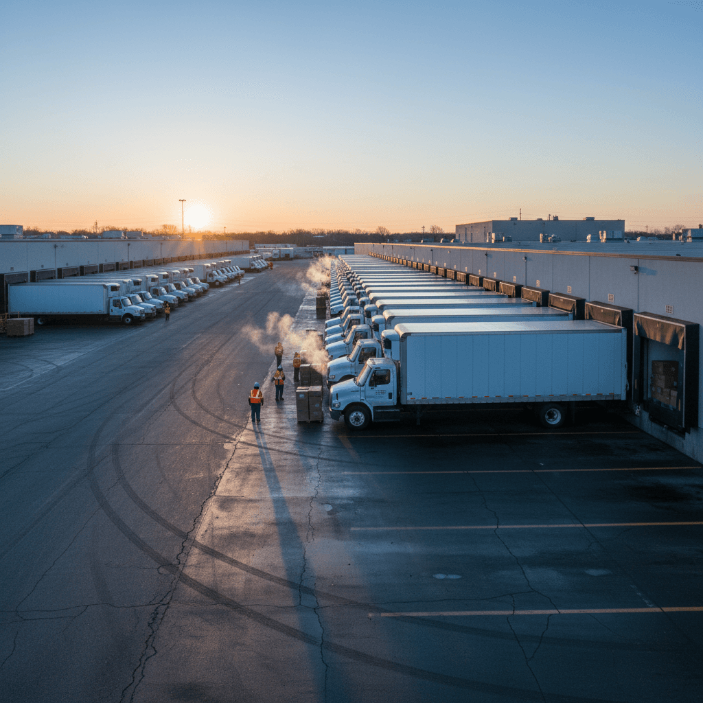 Refrigerated delivery truck fleet at dawn