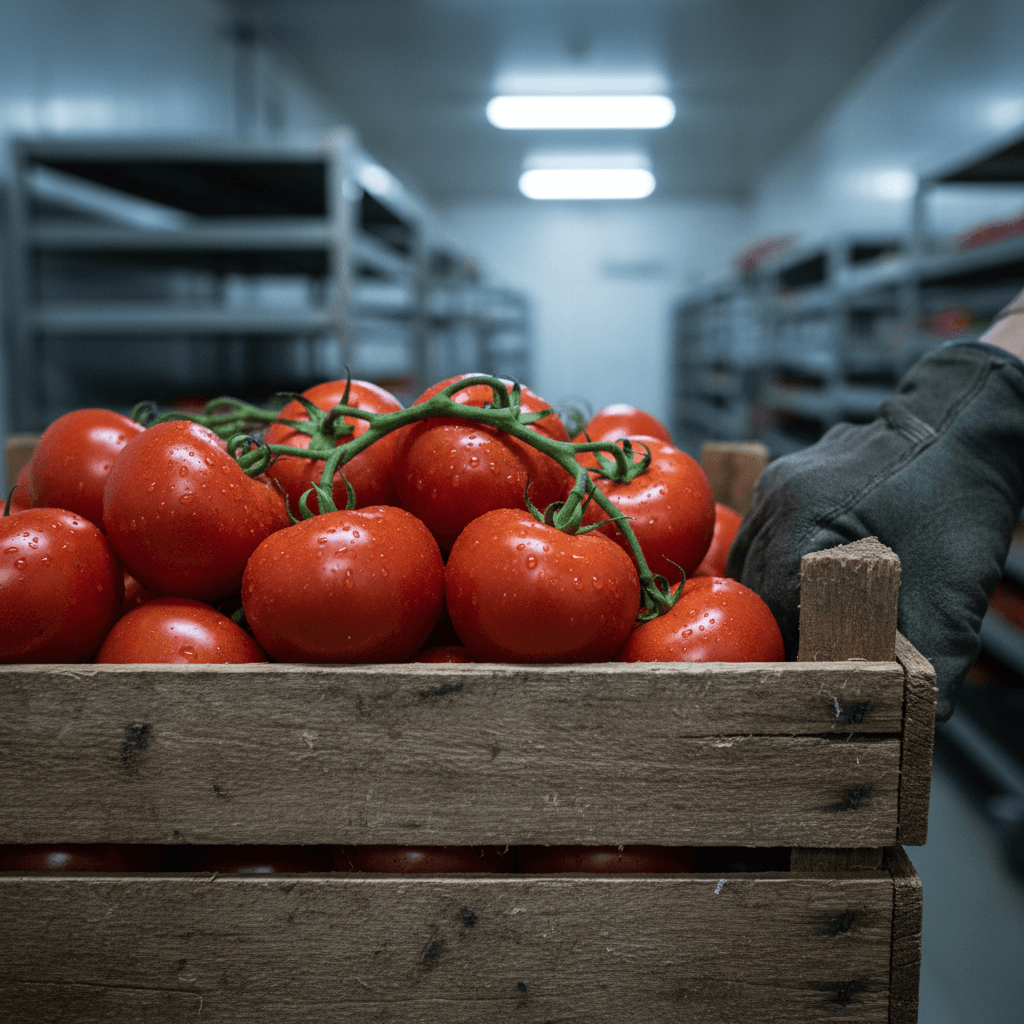 Crate of fresh tomatoes in a cold storage warehouse