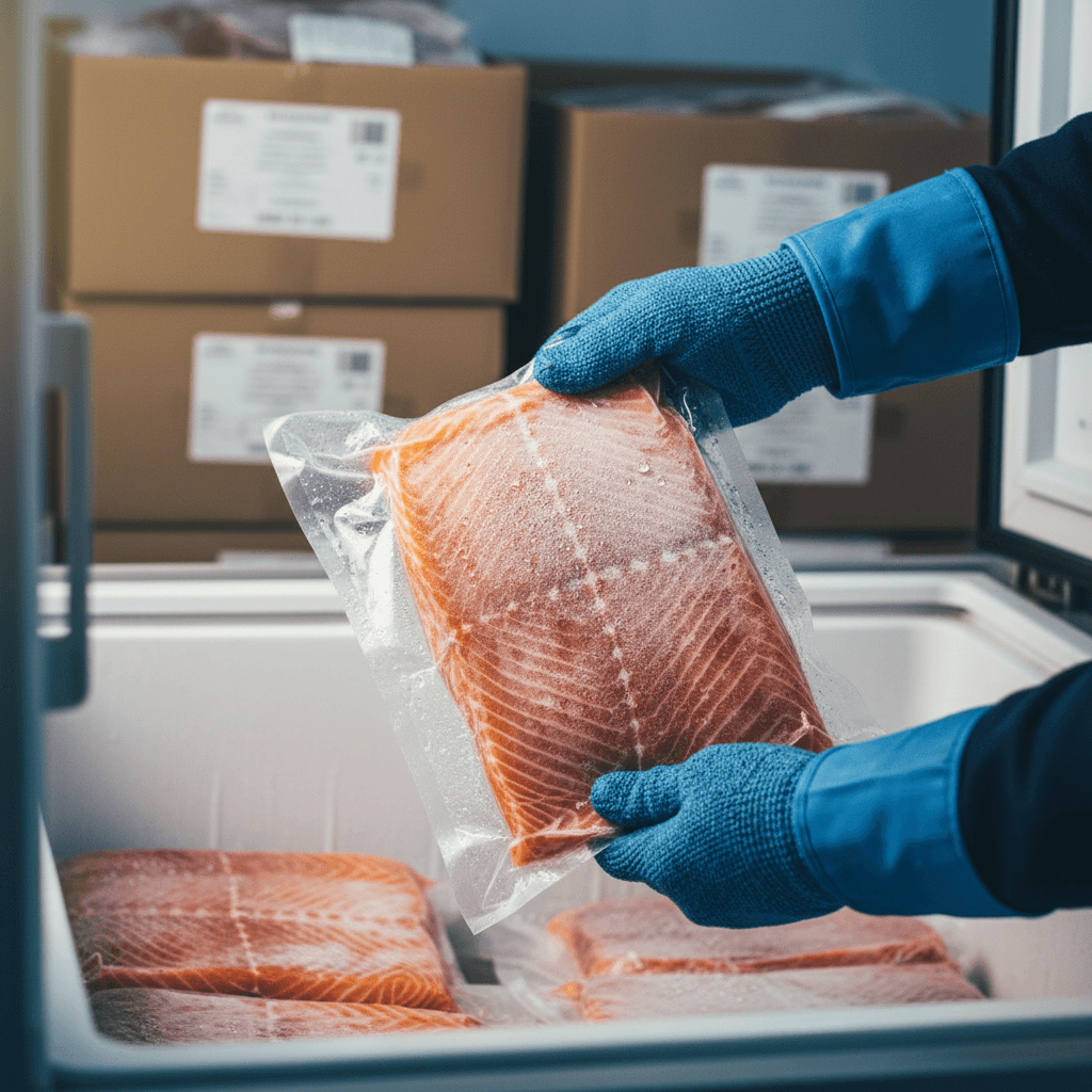 Workers gloved hands holding a vacuum-sealed frozen salmon fillet in cold storage, Newark