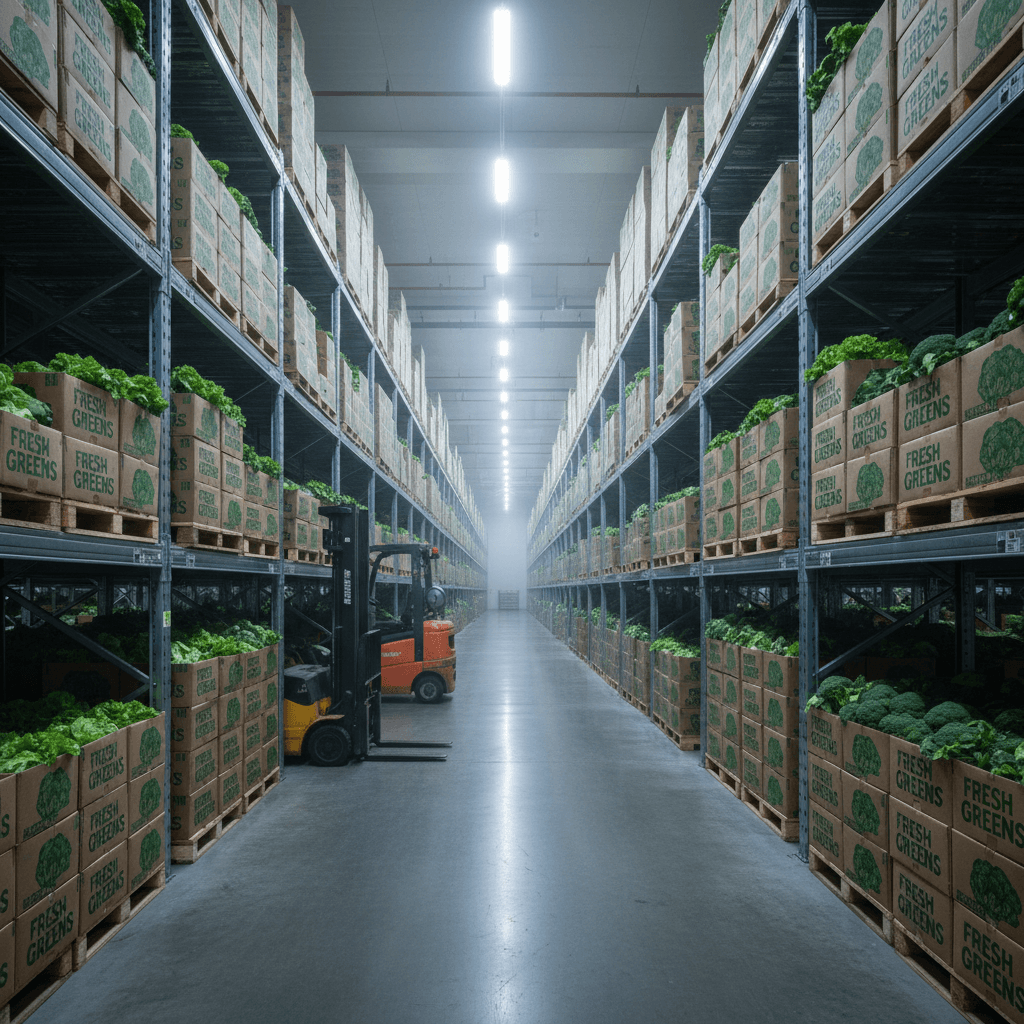 Rows of stacked fresh produce in a refrigerated warehouse with forklift nearby, Newark