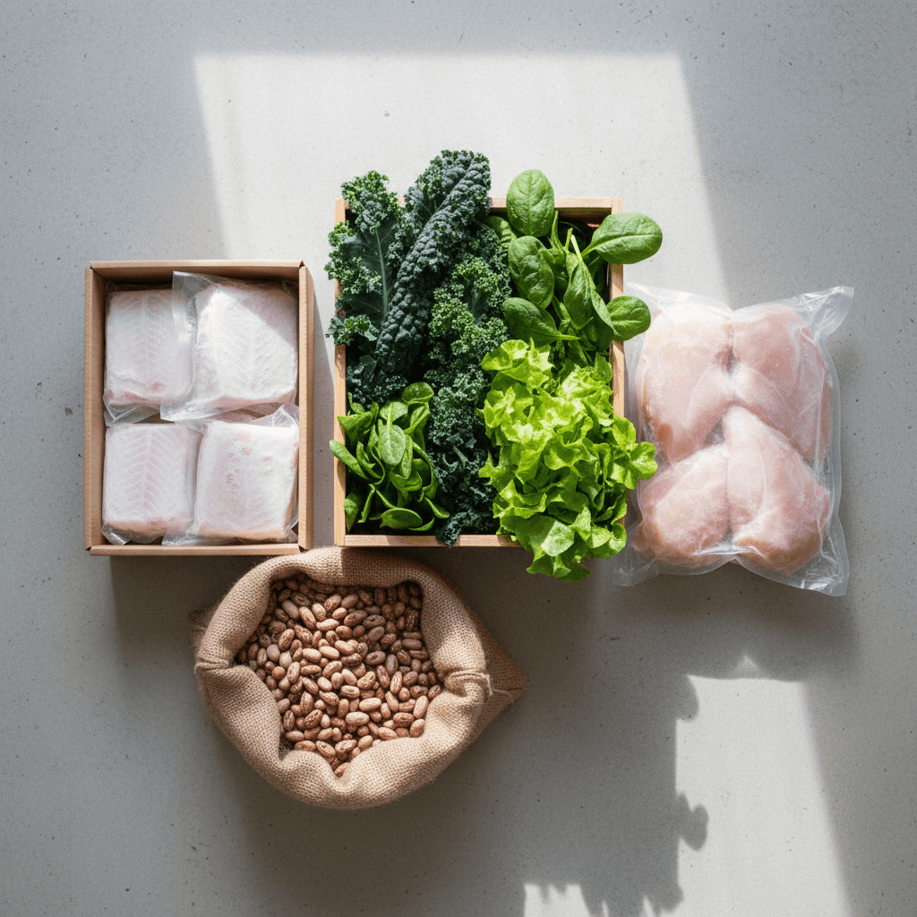 Overhead view of mixed wholesale products including produce, meat, and dry goods