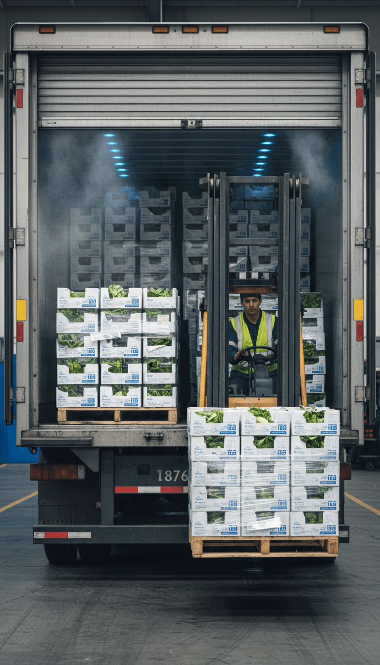 Inside a refrigerated truck loaded with produce and frozen goods