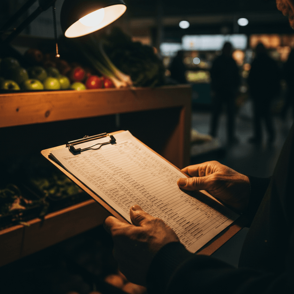 Hands reviewing a price sheet on a clipboard