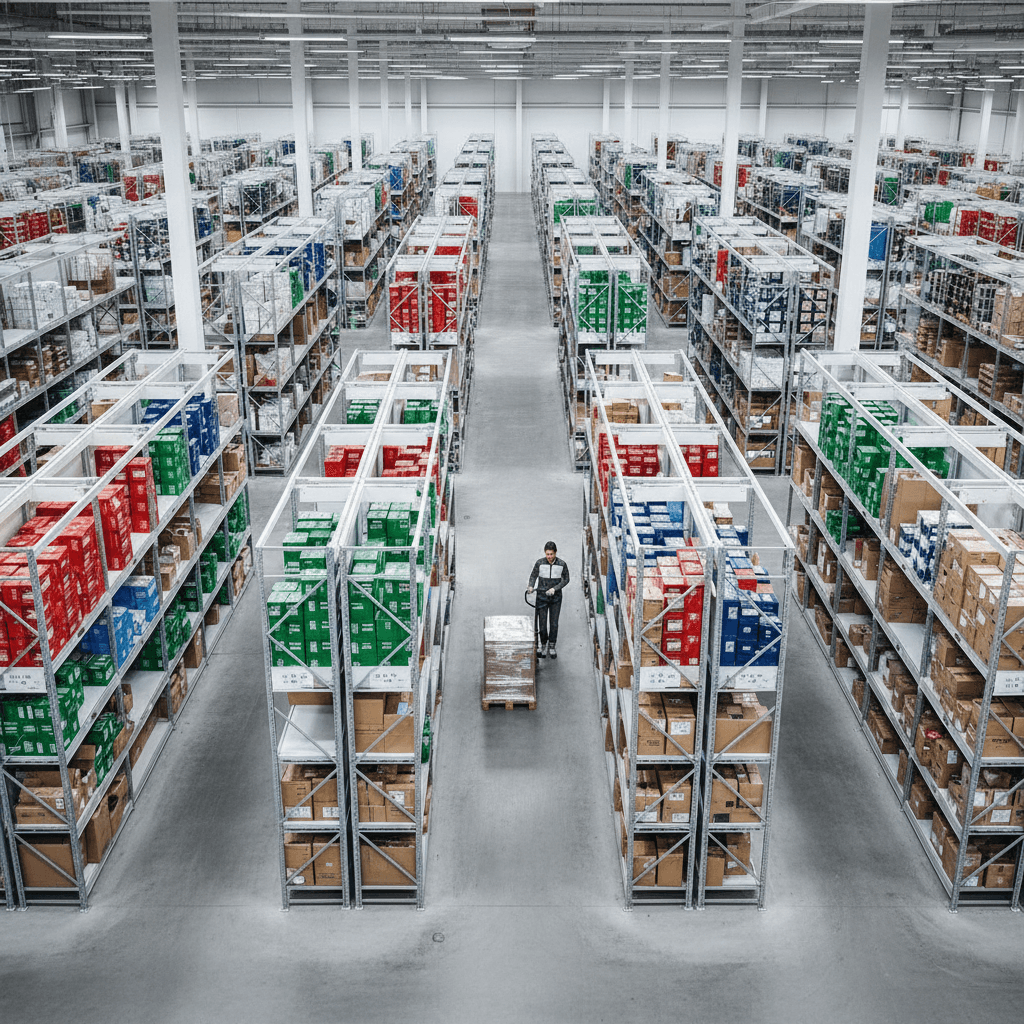 High angle view of expansive warehouse aisles with worker on pallet jack, Newark
