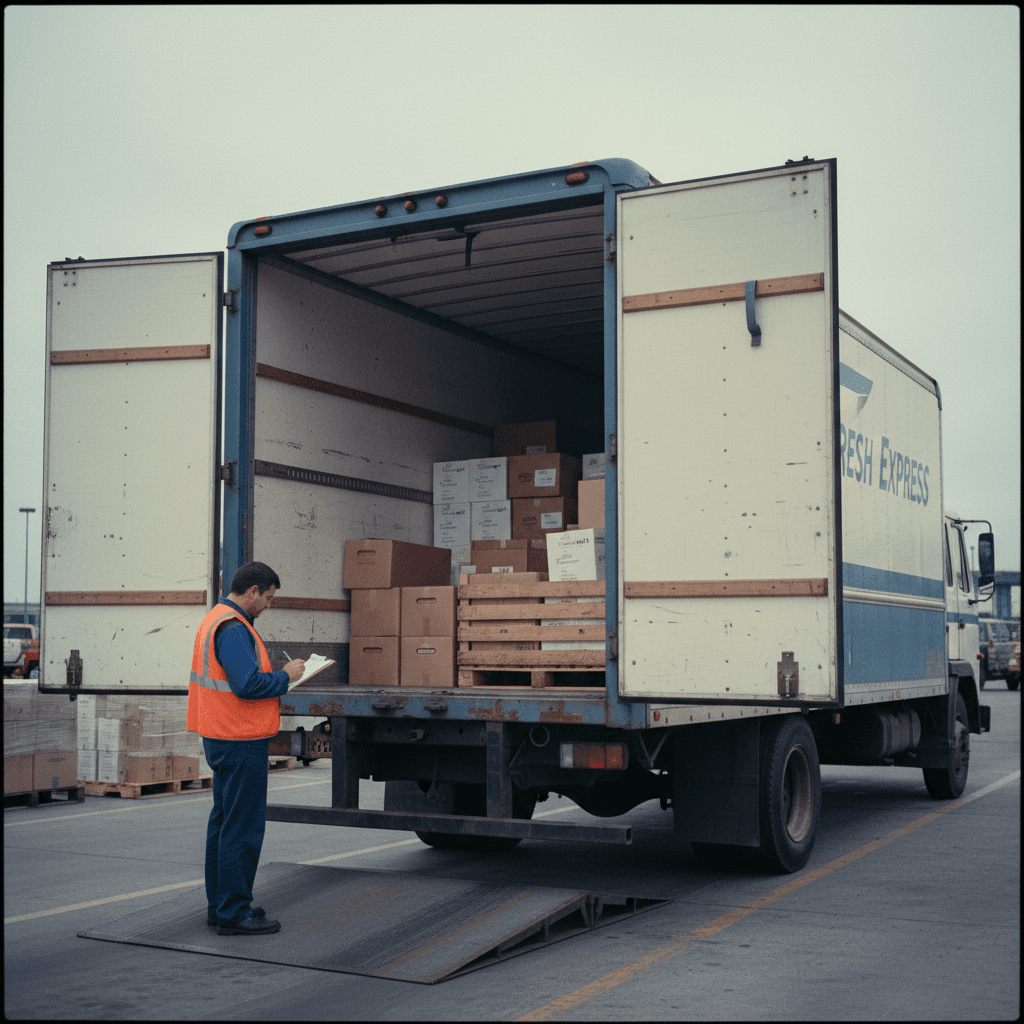 Refrigerated delivery truck being loaded with produce crates at industrial loading dock, Newark