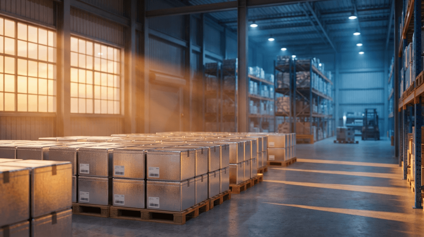 Refrigerated truck doors open showing crates of fresh vegetables and frozen goods inside