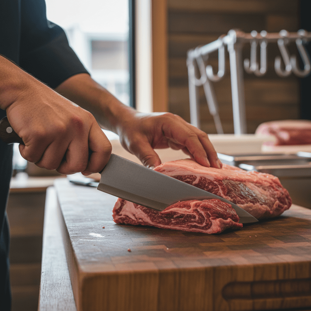 Worker stacking frozen meat packages in a commercial freezer