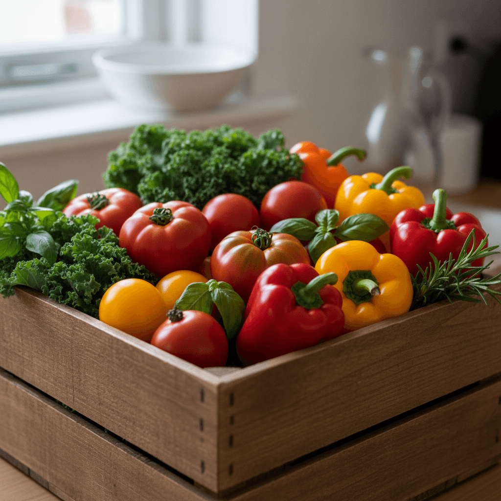 Stacked crates of fresh vegetables in a cooled warehouse