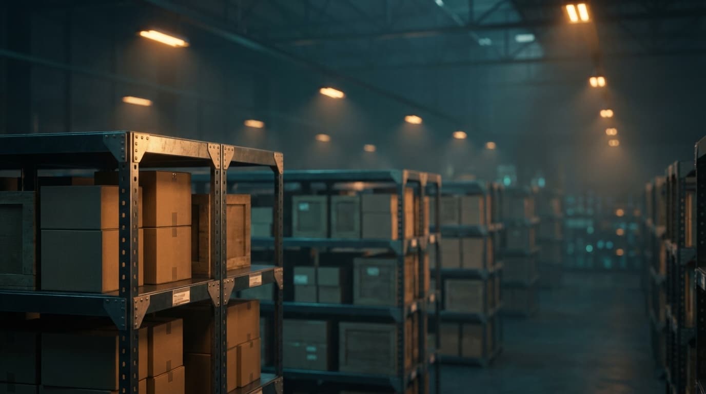 Wide view of dry goods warehouse aisles