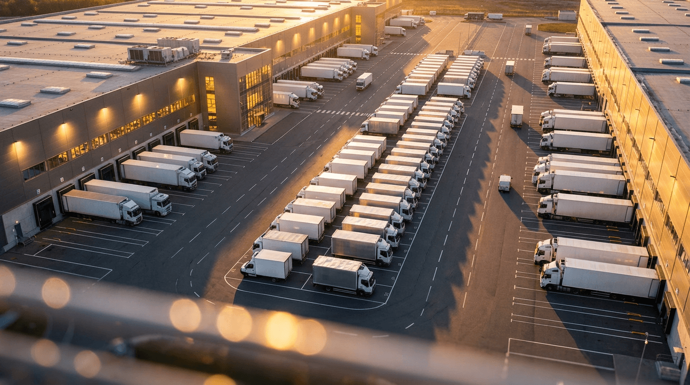 Fleet of refrigerated trucks at loading dock