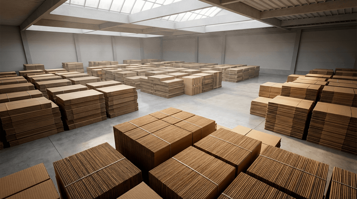 Stack of cardboard boxes of frozen seafood in a cold storage area
