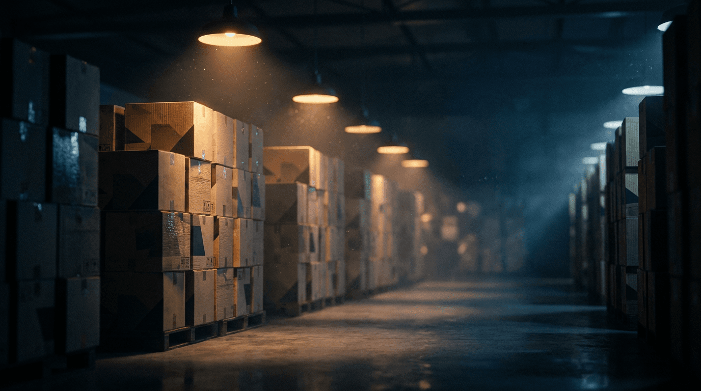 Rows of fresh vegetable crates in a large refrigerated warehouse