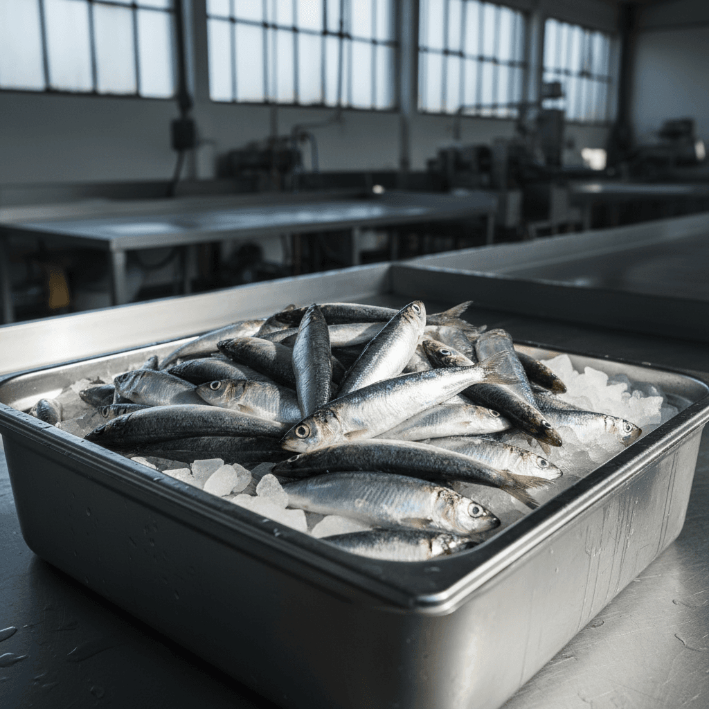 Fresh salmon on ice at a seafood packing station