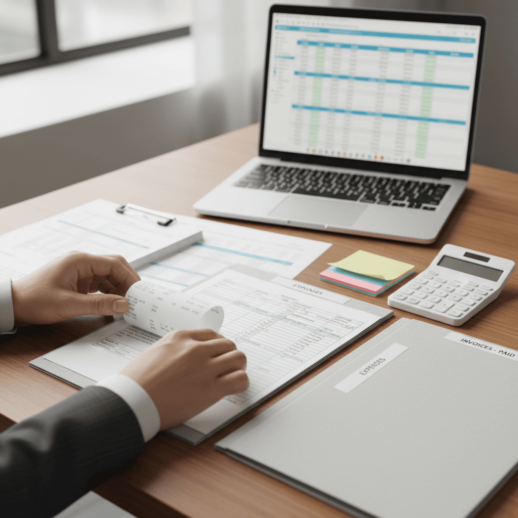 Calculator and invoices on warehouse desk