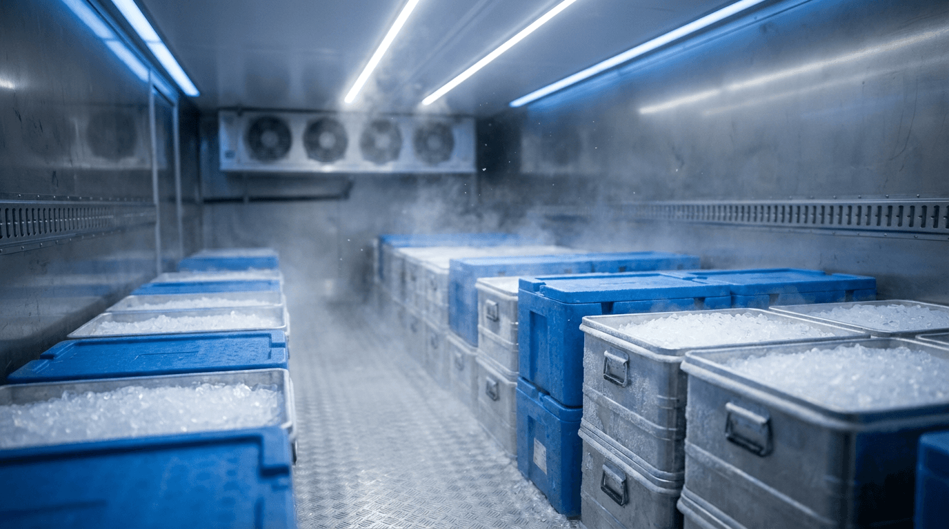 Refrigerated delivery truck at loading dock in Newark